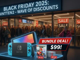 Nintendo Switch 2 console displayed in a Black Friday 2025 retail store sale scene with game and accessory bundle discounts