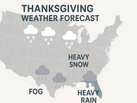 Thanksgiving 2025 travel chaos feature image showing heavy rain and snow on highways with traffic and airport delay warnings