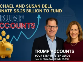 Michael and Susan Dell with graphic announcing their $6.25 billion donation to fund Trump Accounts for American children