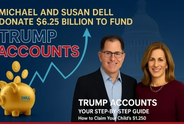 Michael and Susan Dell with graphic announcing their $6.25 billion donation to fund Trump Accounts for American children
