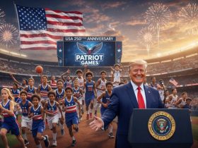 Donald Trump announcing the Patriot Games youth athletic competition for the U.S. 250th anniversary.
