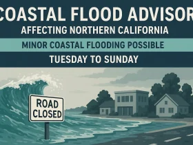 Map showing Northern California Coastal Flood Advisory area from Tuesday to Sunday issued by NWS
